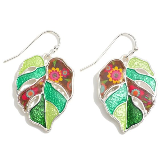One Blessed Nana Jewelry - NWT *BOUTIQUE* FLORAL PRINT MONSTERA LEAF DROP EARRINGS